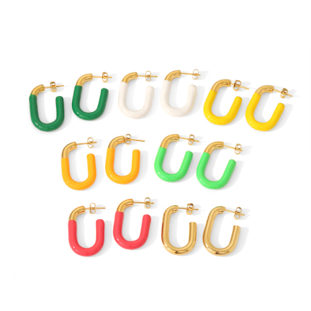 1 paire de boucles d'oreilles en forme de u en acier inoxydable plaqué or , créatives et à la mode, colorées, en forme de goutte d'huile, pour bijoux pour femmes à porter au quotidien 2