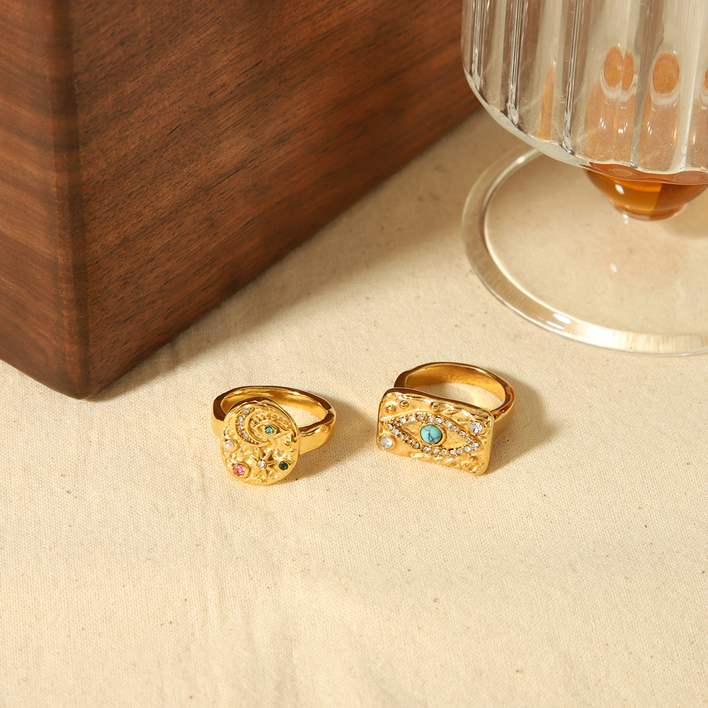 1 Pièce De Bague En Acier Inoxydable Plaqué Or  À La Mode Avec Œil De Lave En Diamant Coloré Pour Femme À Porter Au Quotidien Image4