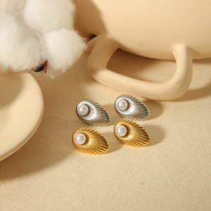 1 Paire De Boucles D'Oreilles À Tige En Acier Inoxydable Plaqué Or , Élégantes Et Stylées, À Rayures Métalliques Et Perles, Pour Femmes, Bijoux À Porter Au Quotidien h5 Image3