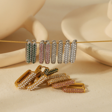 1 paire de boucles d'oreilles rectangulaires en acier inoxydable plaqué or  avec perles de diamant élégantes et simples pour bijoux pour femmes à porter au quotidien 2