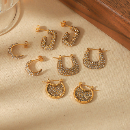 1 paire de boucles d'oreilles créoles rétro géométriques plaquées or  avec strass pour femme, série luxueuse