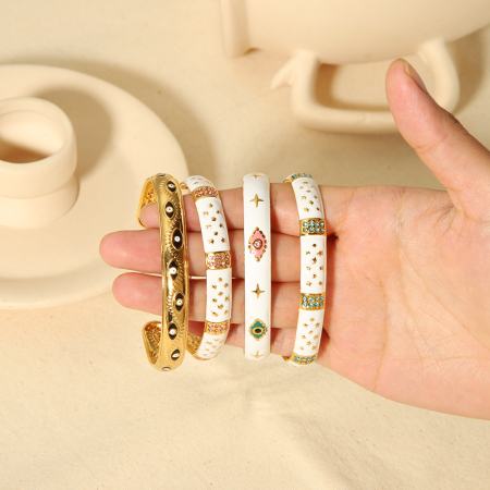 1 pièce de bracelet ouvert élégant et à la mode en acier inoxydable plaqué or  avec zircon incrusté d'huile de goutte de couleur pour bijoux pour femmes à porter au quotidien 2