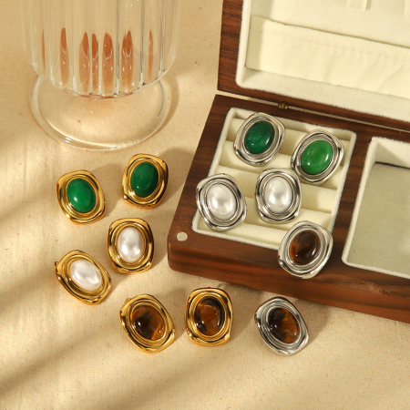 1 paire de boucles d'oreilles classiques en acier inoxydable plaqué or  avec pierre œil de tigre géométrique carrée pour un usage quotidien pour femme
