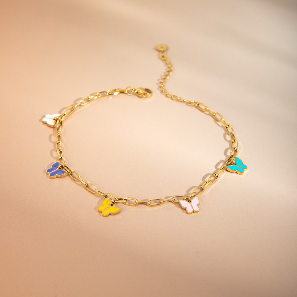 Bracelet De Cheville Papillon En Forme De Goutte D'Huile, Style Européen Et Américain Transfrontalier, Tempérament De Mode Estivale, En Acier Inoxydable Or ,  Image2