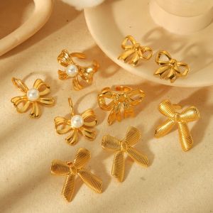Boucles D'Oreilles Classiques Et Élégantes En Acier Inoxydable Plaqué Or  Avec Nœud En Perles Géométriques Pour Bijoux Pour Femmes À Porter Au Quotidien h5 Image3