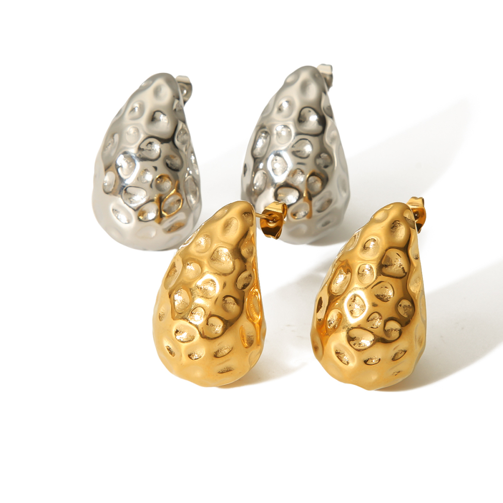 1 Paire De Boucles D'Oreilles En Forme De Larme Creuses Martelées En Acier Inoxydable Plaqué Or , Classiques Et À La Mode, Adaptées Au Port Quotidien Des Femmes Image4