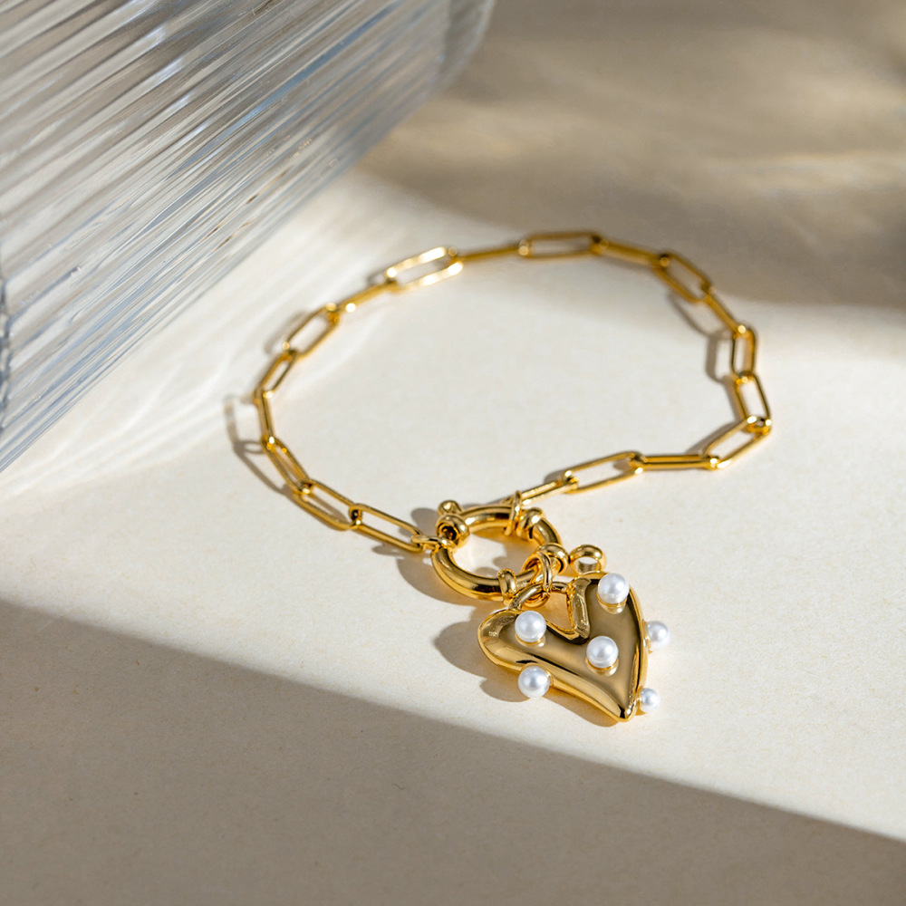 Bracelet Pendentif Perle Collante En Acier Inoxydable Or  Pour Femmes, Style Européen Et Américain Transfrontalier, Tendance,  Image5