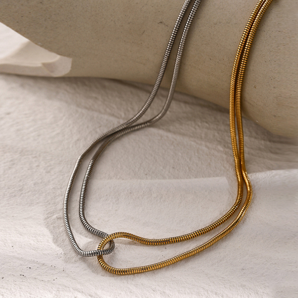Collier En Acier Inoxydable Or , Couleur Or Et Argent, Chaîne En Os De Serpent Plat Assortie, Style Froid, Design Unique, Collier En Acier Titane Image3