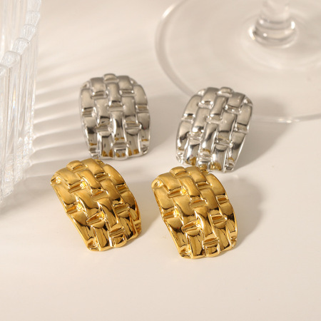 1 paire de boucles d'oreilles classiques personnalisées en acier inoxydable plaqué or  à texture tissée géométrique pour bijoux pour femmes à porter au quotidien