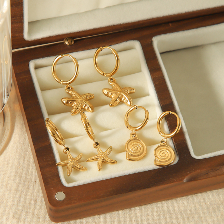 1 paire de boucles d'oreilles pendantes en forme d'étoile de mer en acier inoxydable plaqué or , créatives et à la mode, pour femmes, à porter au quotidien