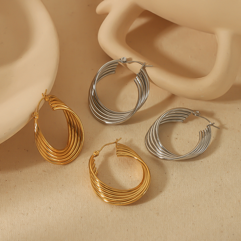 1 Paire De Boucles D'Oreilles Géométriques Classiques Personnalisées En Acier Inoxydable Plaqué Or  À Cinq Fils Pour Un Usage Quotidien Pour Les Femmes Image3