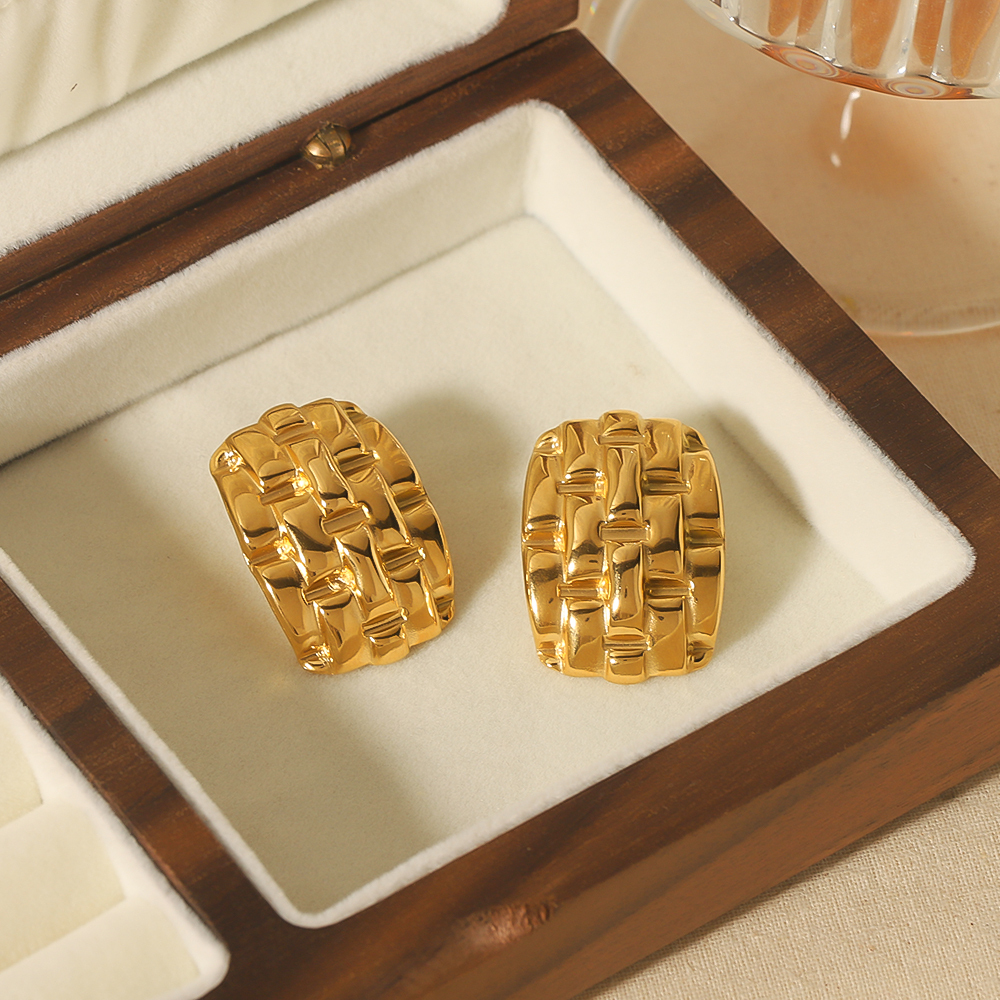1 Paire De Boucles D'Oreilles Classiques Personnalisées En Acier Inoxydable Plaqué Or  À Texture Tissée Géométrique Pour Bijoux Pour Femmes À Porter Au Quotidien Image6