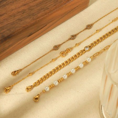1 pièce de bracelet élégant classique en acier inoxydable plaqué or  avec chaîne cubaine en perles pour femmes, bijoux à porter au quotidien 2