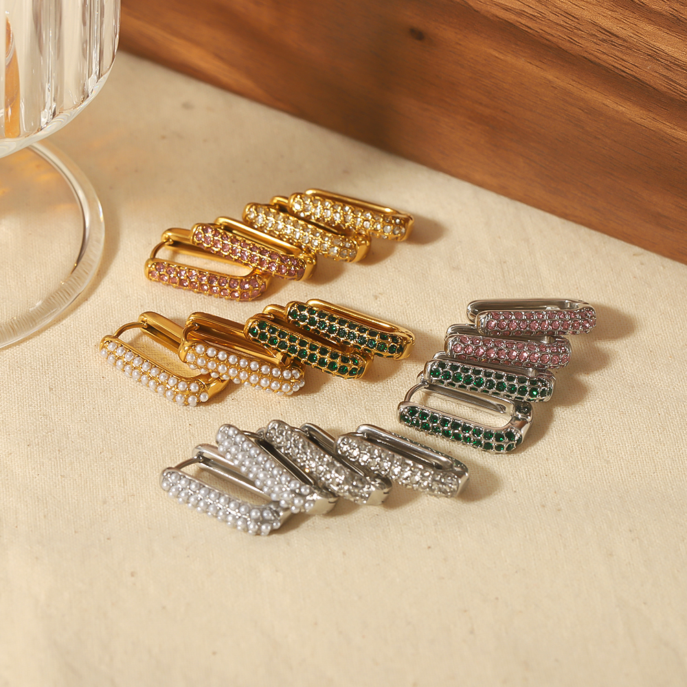 1 Paire De Boucles D'Oreilles Rectangulaires En Acier Inoxydable Plaqué Or  Avec Perles De Diamant Élégantes Et Simples Pour Bijoux Pour Femmes À Porter Au Quotidien Image4