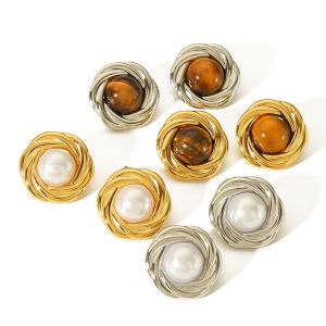 1 Paire De Boucles D'Oreilles Élégantes Et Stylées En Acier Inoxydable Plaqué Or Avec Pierre D'Œil De Tigre Incrustée De Formes Géométriques Rondes Pour Bijoux Pour Femmes À Porter Au Quotidien h5 Image3