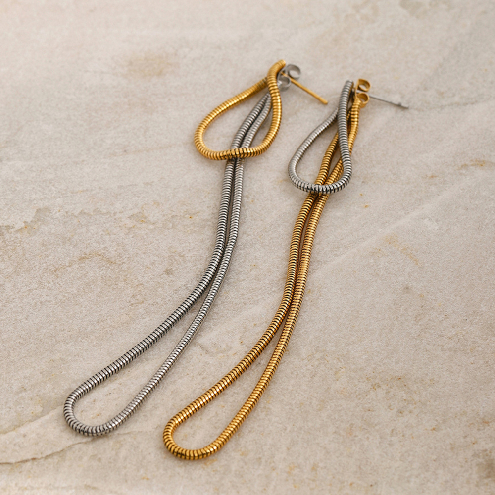 Boucles D'Oreilles Pendantes En Acier Inoxydable, Longues Boucles D'Oreilles À Maillons Ronds En Forme D'Os De Serpent, Style Plage, Avec Pompons Longs. Image8