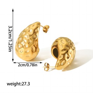 1 Paire De Boucles D'Oreilles En Forme De Larme Creuses Martelées En Acier Inoxydable Plaqué Or , Classiques Et À La Mode, Adaptées Au Port Quotidien Des Femmes h5 Image6