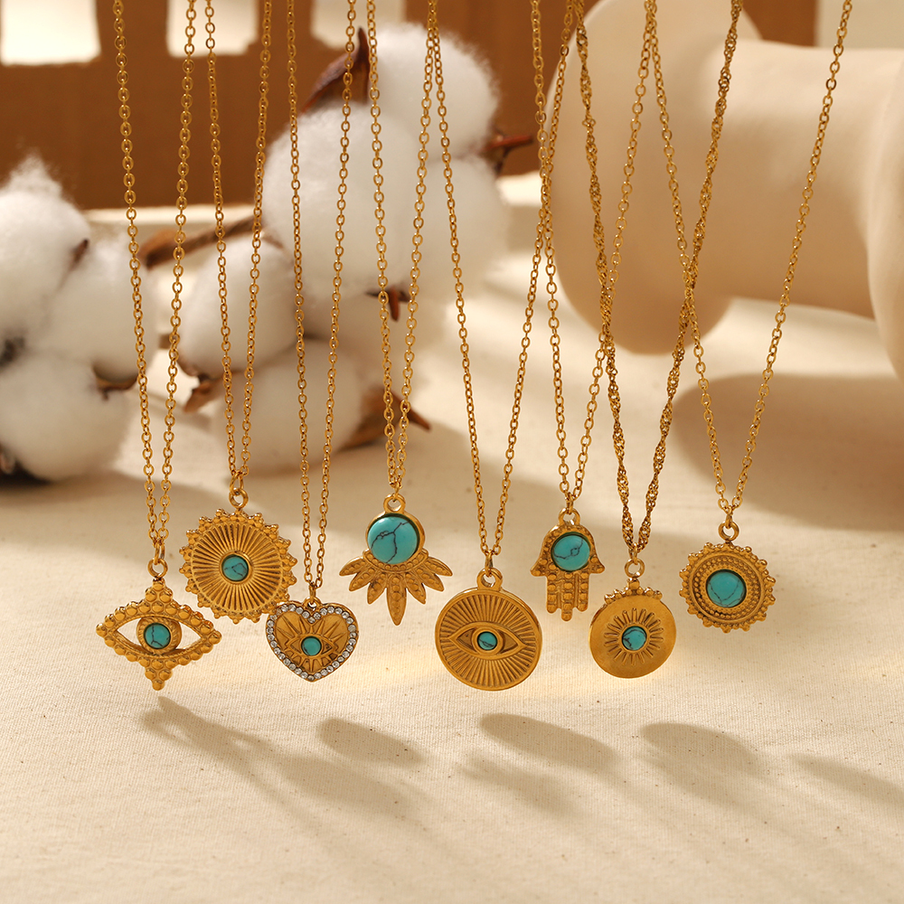 Collier Pendentif Géométrique Turquoise En Acier Inoxydable Plaqué Or , 1 Pièce, Classique Et Tendance, Pour Femme, Bijoux À Porter Au Quotidien Image3