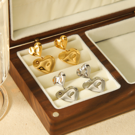 1 paire de boucles d'oreilles pendantes double amour martelées en acier inoxydable plaqué or  exquises et à la mode pour bijoux pour femmes à porter au quotidien