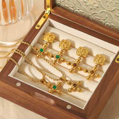 1 paire de boucles d'oreilles pour femme, série simple, croix rétro, plaqué or , pierres précieuses artificielles