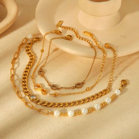 1 pièce de bracelet élégant classique en acier inoxydable plaqué or  avec chaîne cubaine en perles pour femmes, bijoux à porter au quotidien