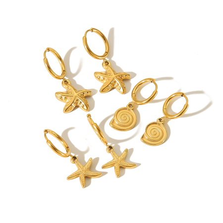 1 paire de boucles d'oreilles pendantes en forme d'étoile de mer en acier inoxydable plaqué or , créatives et à la mode, pour femmes, à porter au quotidien 2