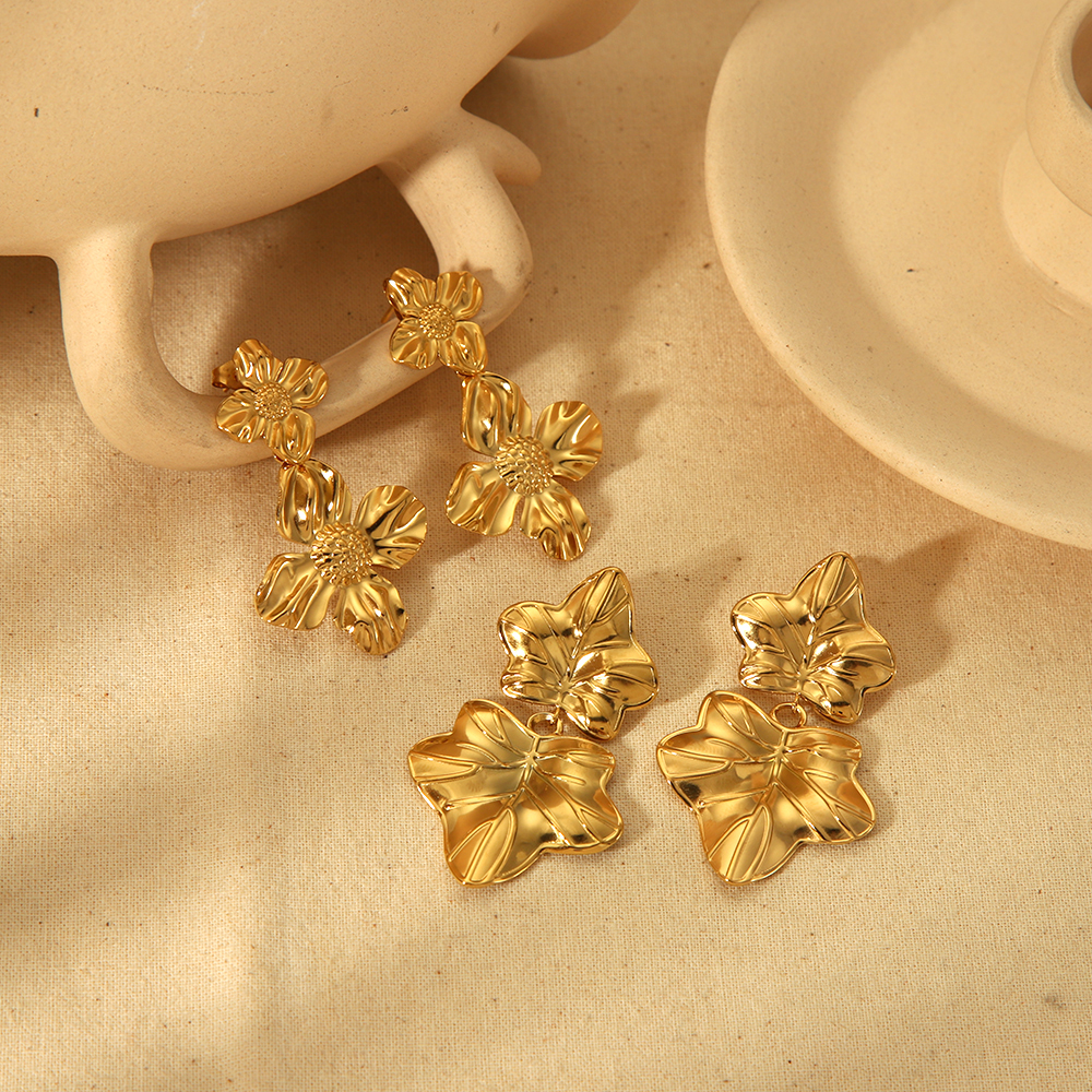 1 Paire De Boucles D'Oreilles Pendantes En Forme De Feuille Et De Fleur En Acier Inoxydable Plaqué Or , À La Mode Et Personnalisées, Pour Bijoux Pour Femmes À Porter Au Quotidien Image4