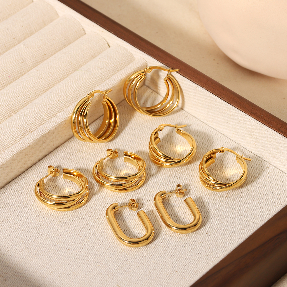 1 Paire De Boucles D'Oreilles Simples Classiques En Acier Inoxydable Plaqué Or , Brillantes Et Multicouches, Pour Bijoux Pour Femmes À Porter Au Quotidien Image3