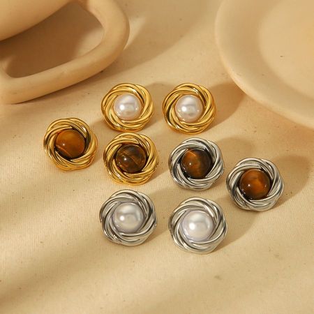 1 paire de boucles d'oreilles élégantes et stylées en acier inoxydable plaqué or  avec pierre d'œil de tigre incrustée de formes géométriques rondes pour bijoux pour femmes à porter au quotidien