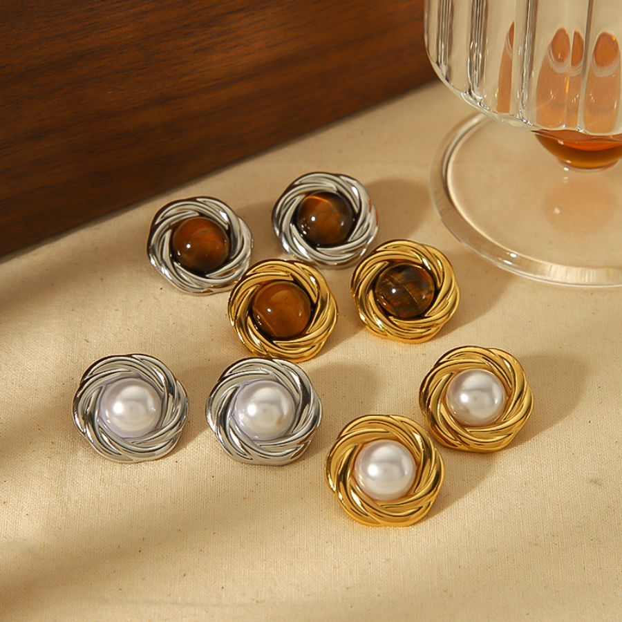 1 Paire De Boucles D'Oreilles Élégantes Et Stylées En Acier Inoxydable Plaqué Or Avec Pierre D'Œil De Tigre Incrustée De Formes Géométriques Rondes Pour Bijoux Pour Femmes À Porter Au Quotidien Image4
