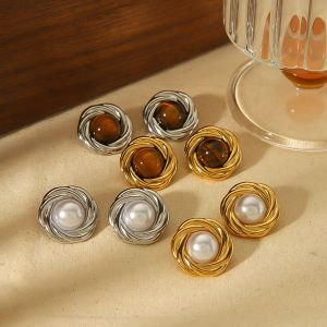 1 Paire De Boucles D'Oreilles Élégantes Et Stylées En Acier Inoxydable Plaqué Or Avec Pierre D'Œil De Tigre Incrustée De Formes Géométriques Rondes Pour Bijoux Pour Femmes À Porter Au Quotidien h5 Image4