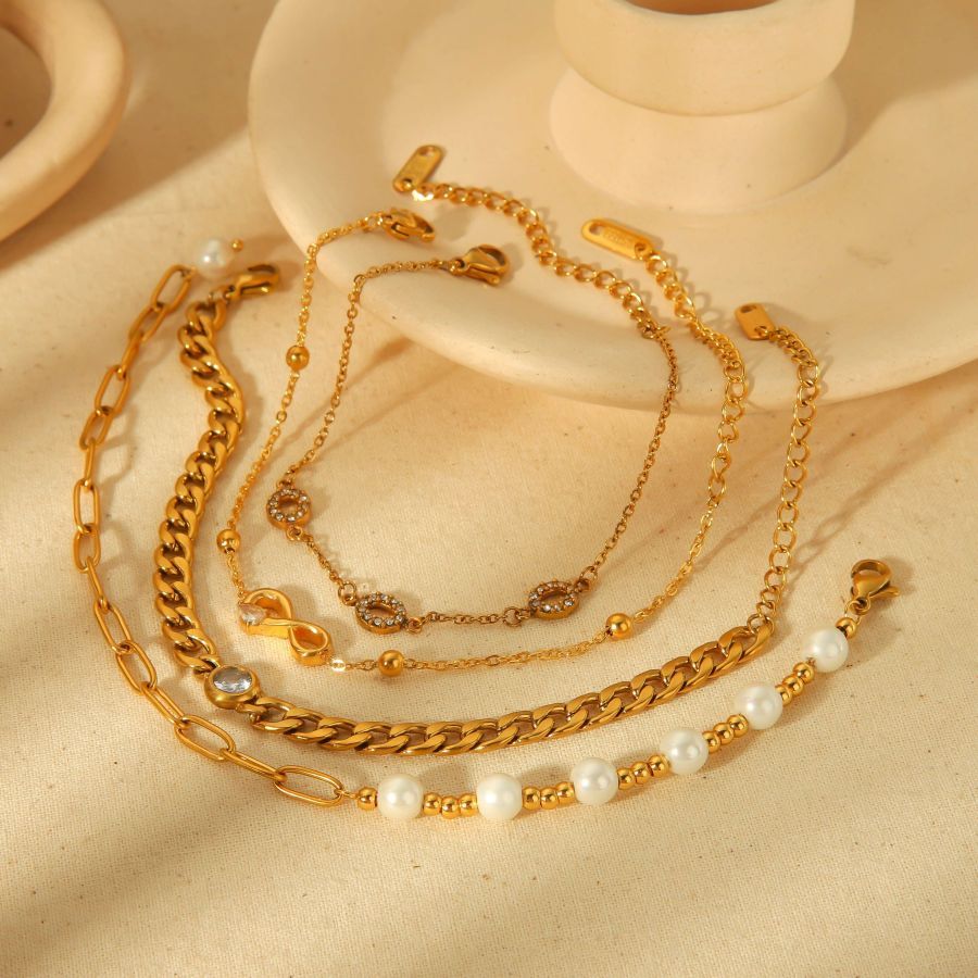 1 Pièce De Bracelet Élégant Classique En Acier Inoxydable Plaqué Or  Avec Chaîne Cubaine En Perles Pour Femmes, Bijoux À Porter Au Quotidien Image4