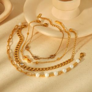 1 Pièce De Bracelet Élégant Classique En Acier Inoxydable Plaqué Or  Avec Chaîne Cubaine En Perles Pour Femmes, Bijoux À Porter Au Quotidien h5 Image4