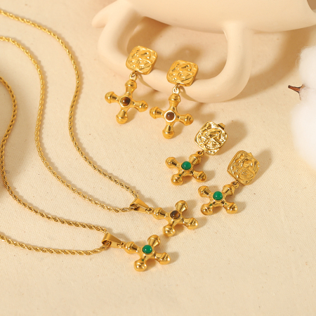 1 paire de boucles d'oreilles pour femme, série simple, croix rétro, plaqué or , pierres précieuses artificielles 2