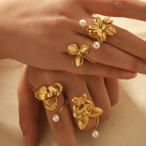 1 Pièce Exquise Et Élégante Bague Ouverte En Acier Inoxydable Plaqué Or Avec Fleur Irrégulière Et Papillon En Perle Pour Bijoux Pour Femmes À Porter Au Quotidien h5 Image3