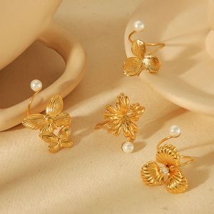 1 Pièce Exquise Et Élégante Bague Ouverte En Acier Inoxydable Plaqué Or Avec Fleur Irrégulière Et Papillon En Perle Pour Bijoux Pour Femmes À Porter Au Quotidien h5 Image5