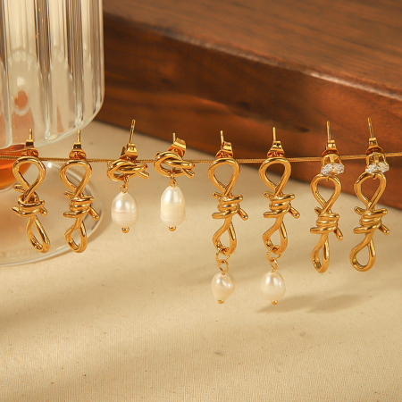 1 paire de boucles d'oreilles créatives et exquises en acier inoxydable plaqué or  en forme de 8 nœuds en perles pour un usage quotidien pour les femmes 2