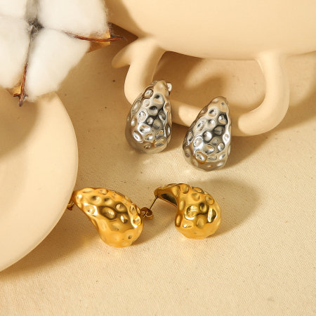 1 paire de boucles d'oreilles en forme de larme creuses martelées en acier inoxydable plaqué or , classiques et à la mode, adaptées au port quotidien des femmes