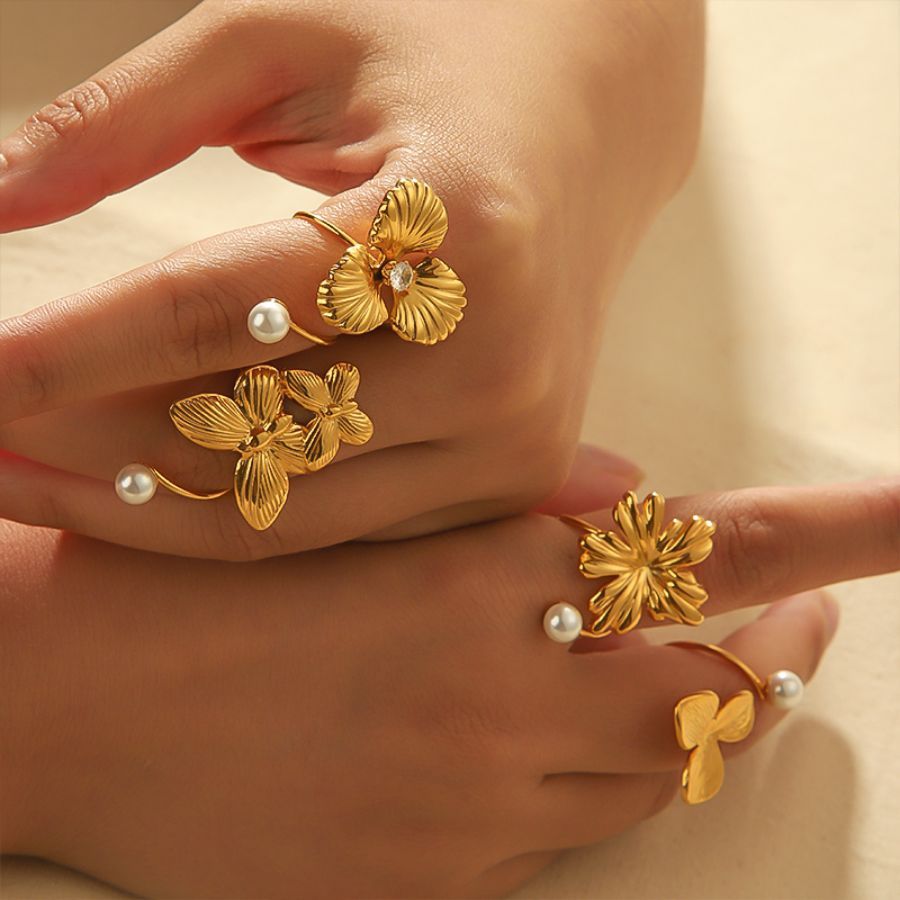 1 Pièce Exquise Et Élégante Bague Ouverte En Acier Inoxydable Plaqué Or Avec Fleur Irrégulière Et Papillon En Perle Pour Bijoux Pour Femmes À Porter Au Quotidien h5Image4