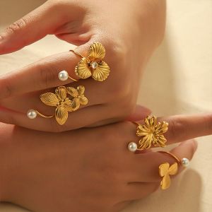 1 Pièce Exquise Et Élégante Bague Ouverte En Acier Inoxydable Plaqué Or Avec Fleur Irrégulière Et Papillon En Perle Pour Bijoux Pour Femmes À Porter Au Quotidien h5 Image4