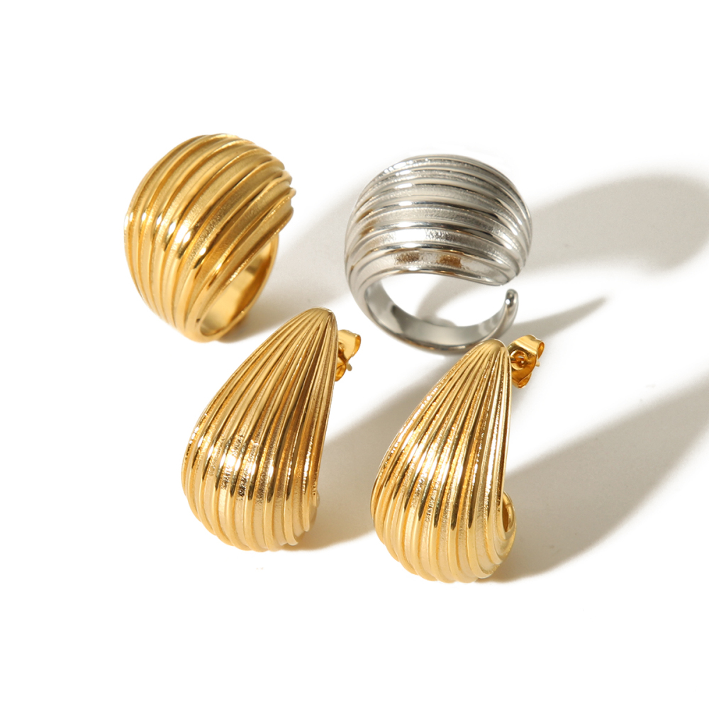 1 Pièce De Bague Ouverte À Rayures En Acier Inoxydable Plaqué Or  À La Mode Exagérée Pour Bijoux Pour Femmes À Porter Au Quotidien Image4