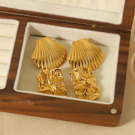 1 paire de boucles d'oreilles créatives et à la mode en acier inoxydable plaqué or  à texture de coquillage géométrique pour femmes à porter au quotidien 2