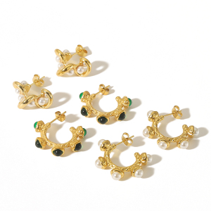 1 Paire De Boucles D'Oreilles Élégantes Et À La Mode En Acier Inoxydable Plaqué Or  Avec Perles Et Pierres Précieuses Pour Femmes À Porter Au Quotidien h5 Image5