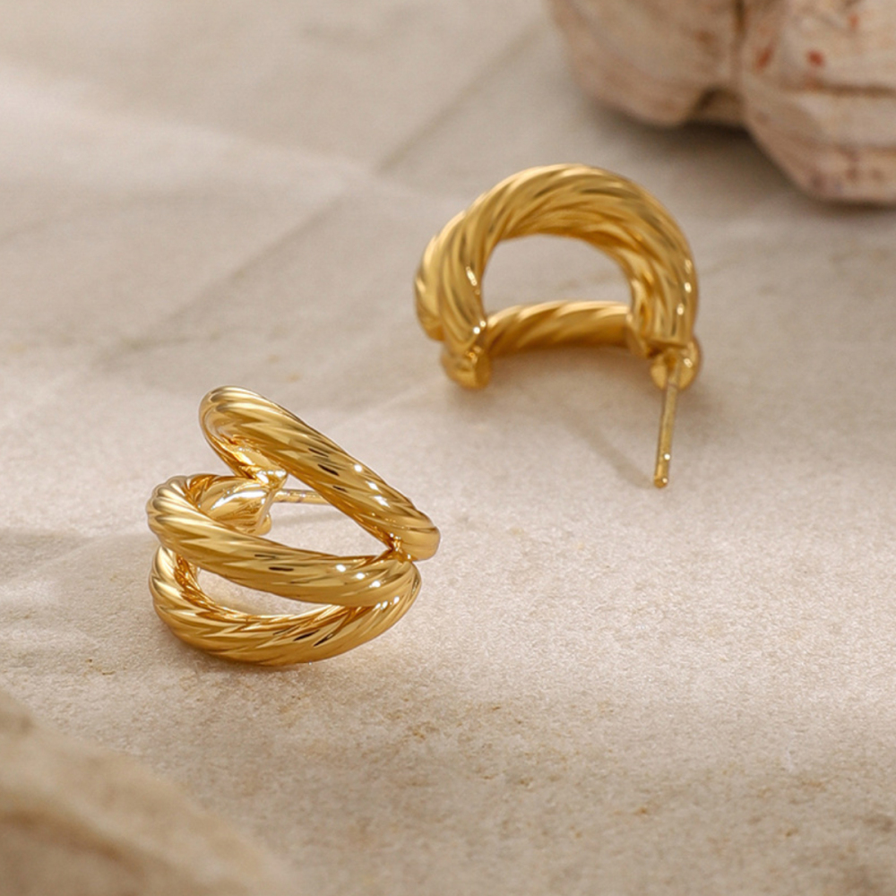 Boucles D'Oreilles En Acier Inoxydable Or , Légères, Luxueuses, Simples, Haut De Gamme, Niche, Trois Couches Filetées, En Acier Titane, Boucles D'Oreilles En Forme De C Image6