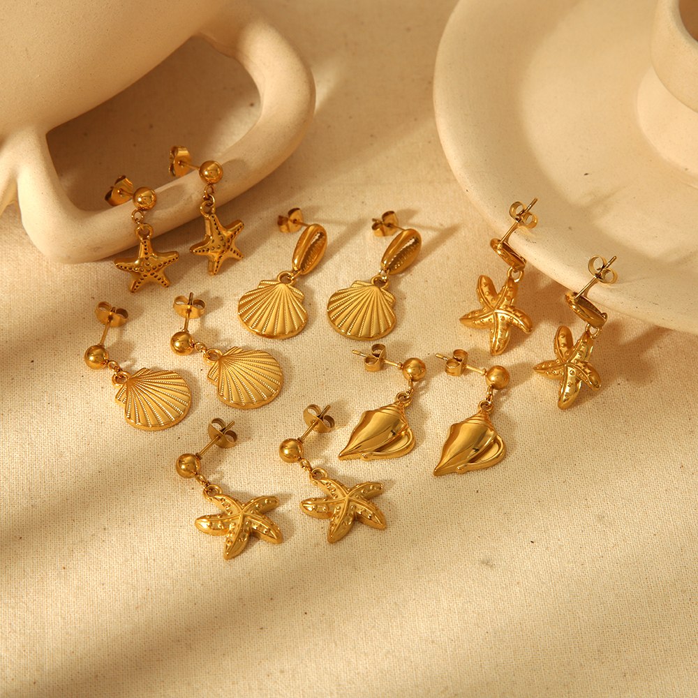1 Paire De Boucles D'Oreilles Pendantes En Forme D'Étoile De Mer En Acier Inoxydable Plaqué Or , Élégantes Et Classiques, Pour Femmes, À Porter Au Quotidien Image4