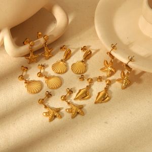 1 Paire De Boucles D'Oreilles Pendantes En Forme D'Étoile De Mer En Acier Inoxydable Plaqué Or , Élégantes Et Classiques, Pour Femmes, À Porter Au Quotidien h5 Image4