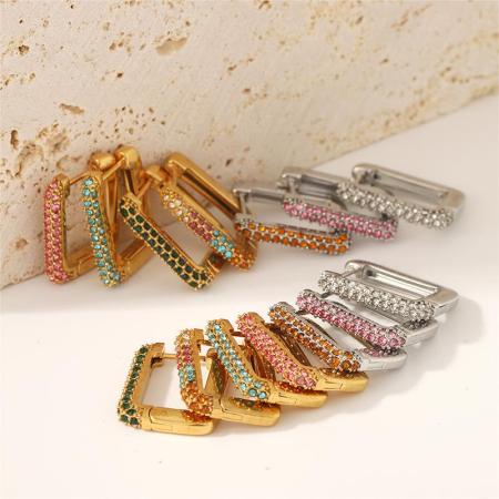 1 paire de boucles d'oreilles rectangulaires élégantes et simples en acier inoxydable plaqué or  avec zircons colorés pour femmes à porter au quotidien