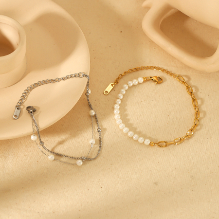 1 pièce de bracelet à chaîne de perles double couche en acier inoxydable plaqué or  exquis et élégant pour bijoux pour femmes à porter au quotidien