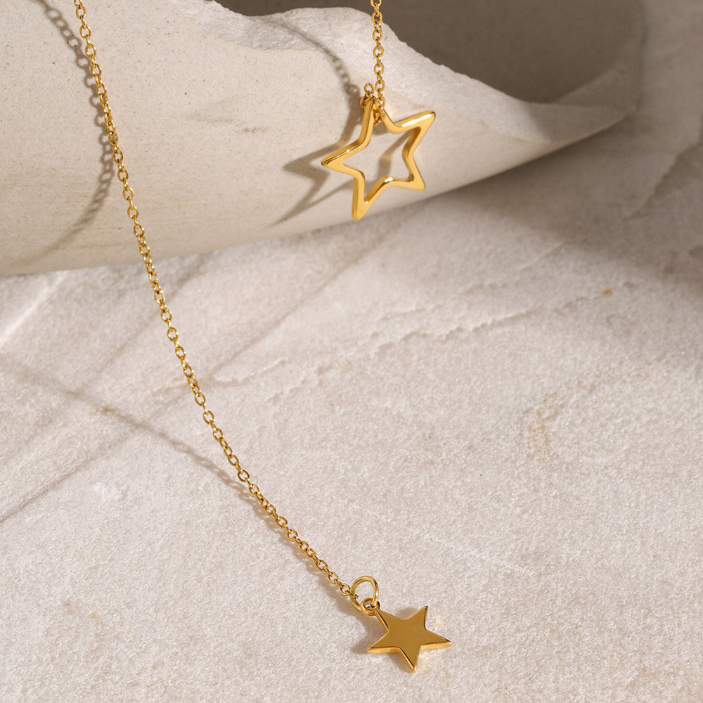 Collier En Acier Inoxydable Or  Avec Pendentif Étoile À Cinq Branches, Grand Et Petit, En Forme De Y, À La Mode Et Simple, Petit Collier En Acier Titane Frais Pour Femmes Image5