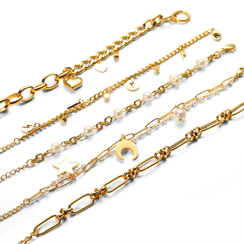 Bracelet À Breloques Pour Femme, Série Simple, Cœur Doux, En Acier Inoxydable Plaqué Or , Perles Artificielles Image5